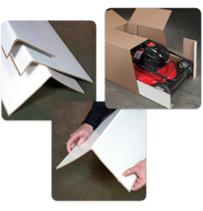 white Mega VBoard corrugated product covering the corners of a lawn mower in a box