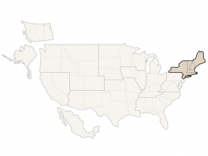 Map of the United States of America with states in New England highlighted