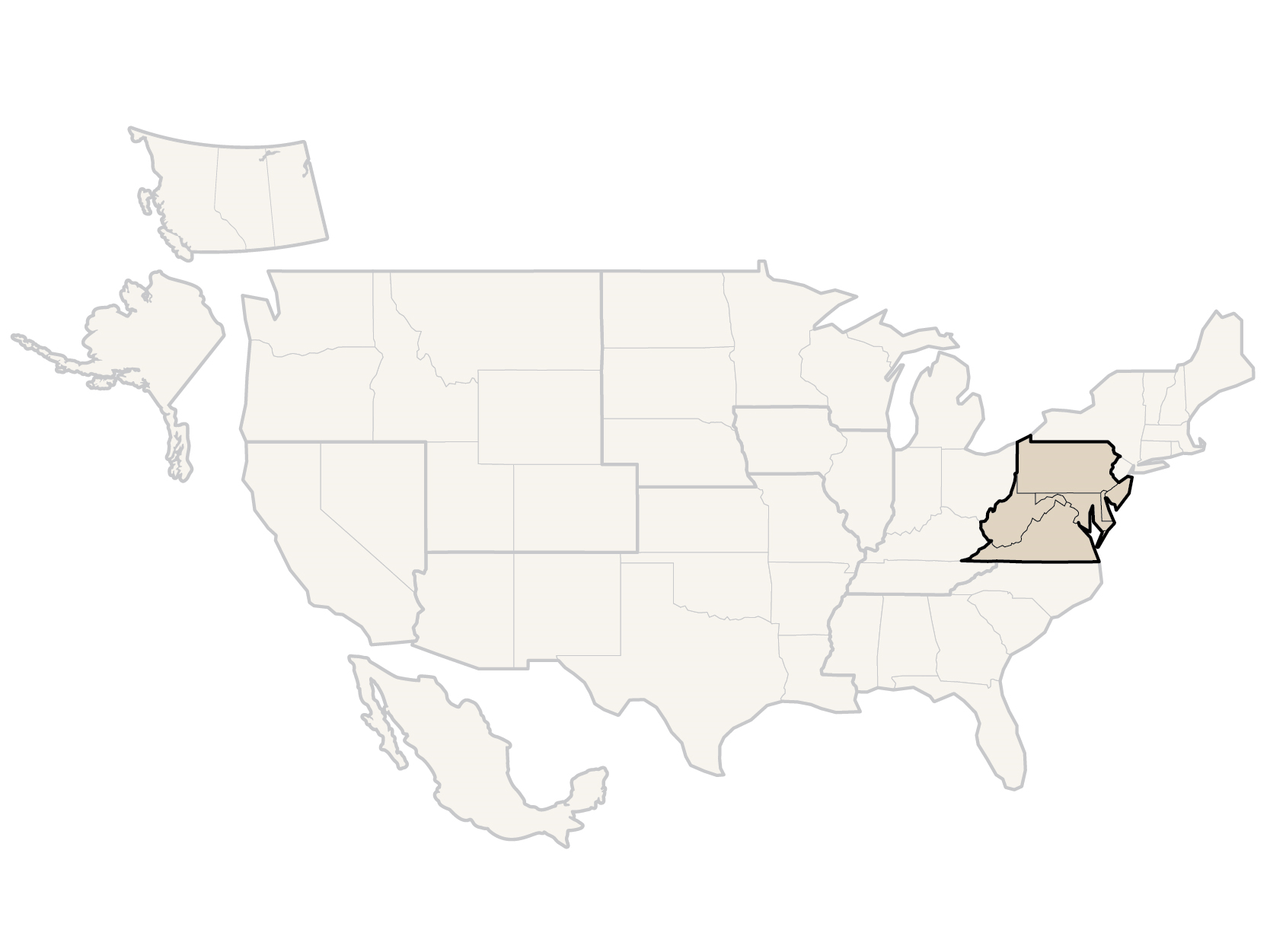 Map of the United States with Eastern States below New England highlighted