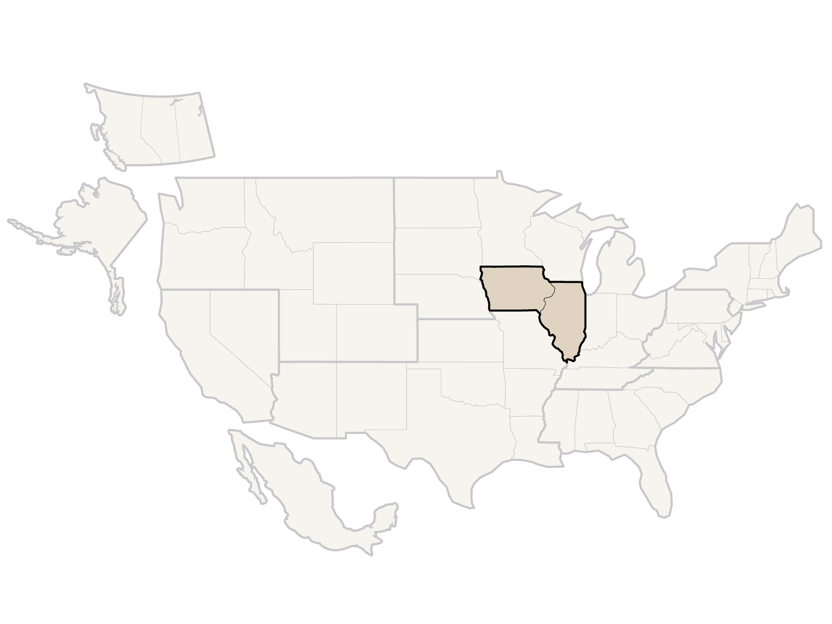 Map of the United States with Illinois and Iowa highlighted